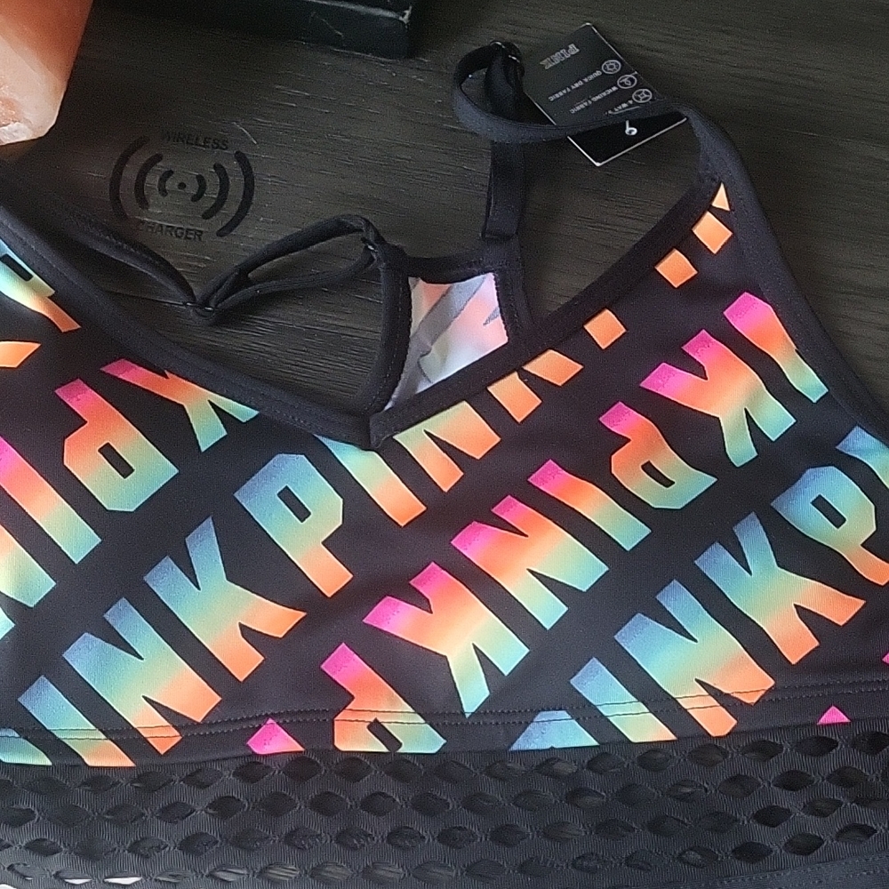 PINK Victoria's Secret Black Sports Bra with Multicolor Logo